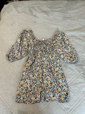 American Eagle Outfitters Navy Floral Smocked Top with Yellow and Green Accents